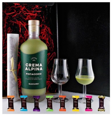 Geschenk Marzadro Crema Alpina Pistacchio Likör + 2 Gläser + 8 Edelschokoladen