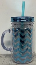 20 oz Double Walled Insulated Tumbler Clear w/Blue Stripes, Lid & Straw No Leaks