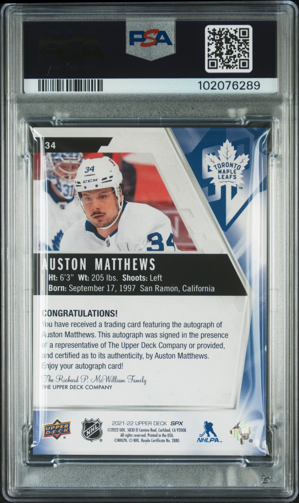 2021 UPPER DECK SPX AUTO #34 AUSTON MATTHEWS PSA 7 AUTO 9 view 2
