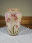 Fenton QVC LE Iridized Sunset Peach Overlay Rib Optic HP Pink Flower Vase Signed