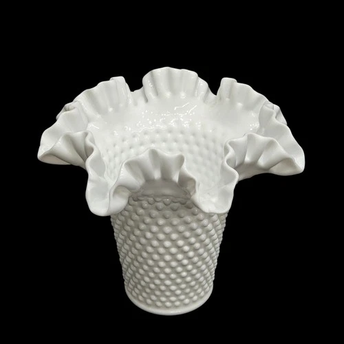 Vtg Fenton White Milk Glass Hobnail Vase Crimped Ruffled Edge 8.5” Large Tall
