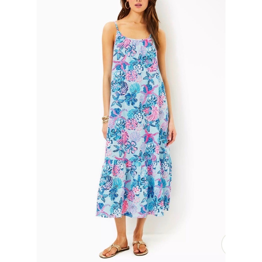 Lilly Pulitzer Amarie 100% Linen Midi Dress Bahamas Beachcomber XS Blue  Pink | eBay