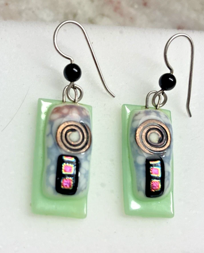 Adajio Earrings Light Blue Green Column Hematite Landscape Overlay Handmade USA - Image 2 of 4