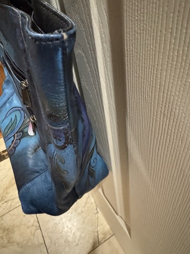 Anuschka Large Hobo Bag Purse Hand Painted Blue Floral Genuine Leather Tote - Picture 4 of 21