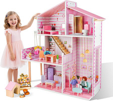 Wooden Dollhouse Girls Playset 3-Story 5-Room Miniature Furniture Doll Figure