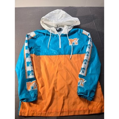 MTV Music Television Windbreaker Qrtr Zip Pullover Hooded Jacket Teal Orange L