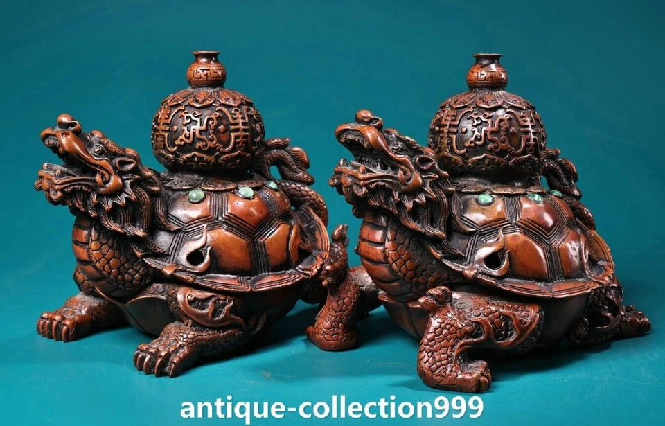 6" Old Red Copper Inlay Gems Dragon Turtle Gourd Incense Burner Censer Pair - Image 3 of 4