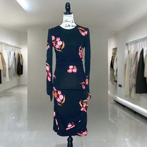 ZARA Dress Black Floral Print Draped Round Neck Long Sleeves Ruched Size S