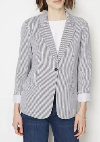 J.Jill Blazer Damen Größe M Seersucker Streifen Einknopf Baumwolljacke - Bild 2 von 13