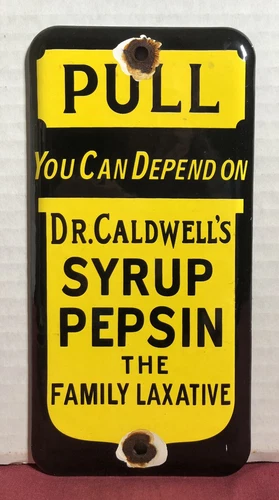VINTAGE DR CALDWELL’S SYRUP PEPSIN 8” PORCELAIN FAMILY LAXATIVE GAS OIL SIGN