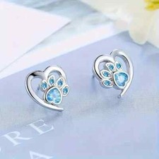 Cute Blue Heart Cat Dog Paw Stud Earrings Simple Jewelry Silver Toned
