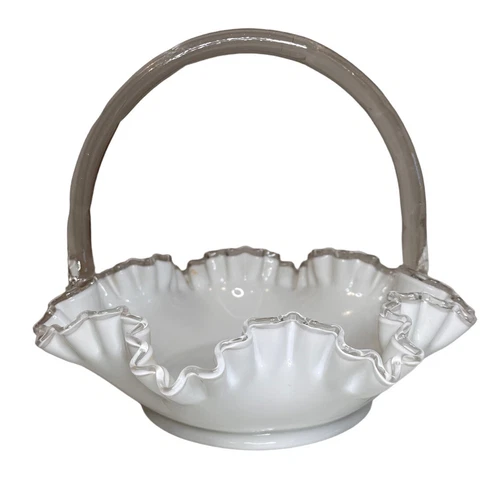 Vintage Fenton Silver Crest Milk Glass Ruffled Rim Bowl Basket Clear Handle 9”