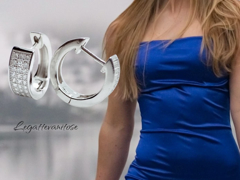 Orecchini Cerchio. orecchini uomo donna argento 925 con zirconi bianchi 14 mm - Immagine 2 di 4