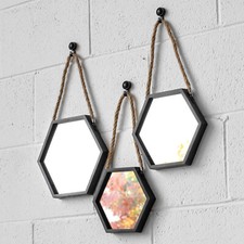 Set of 3 Hexagonal Wall Mirrors Black Metal Geometric Hanging Ropes Home Decor