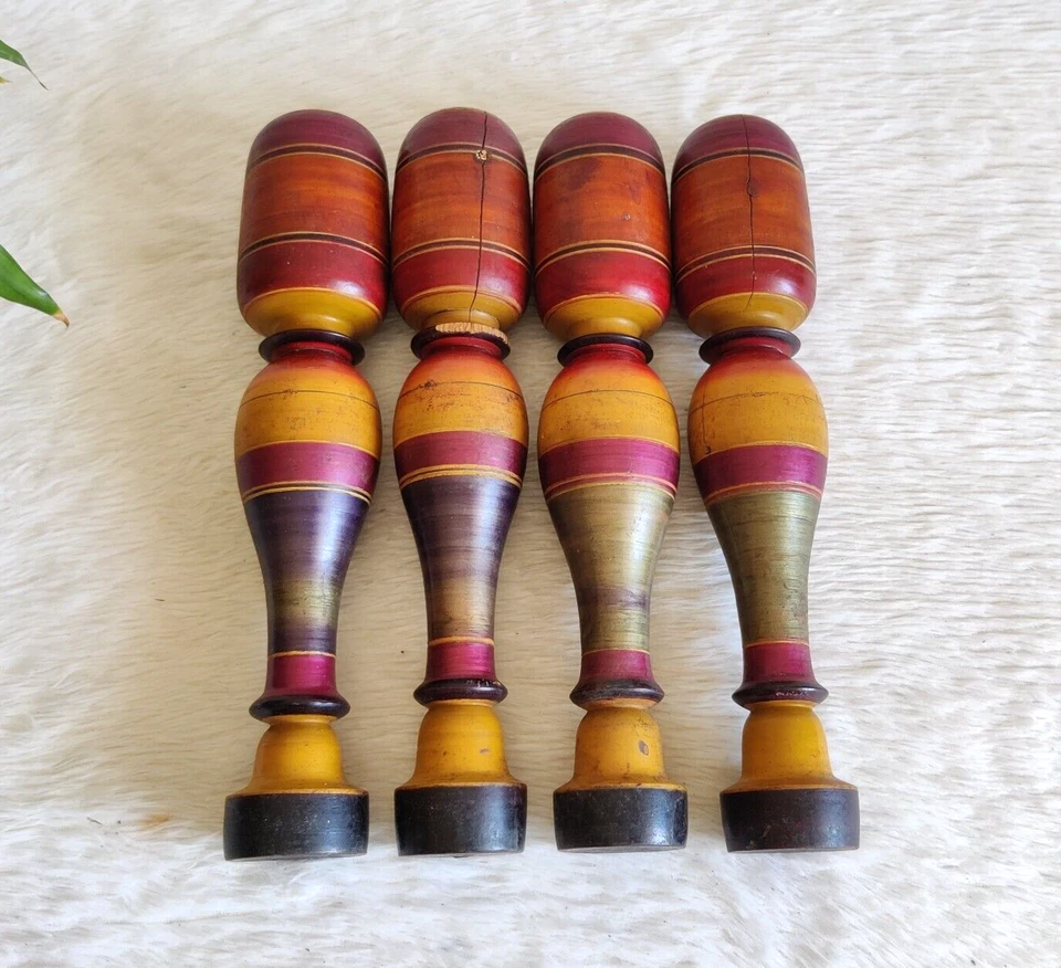 Ancien Laqué Multicolore Tabouret en Bois Pieds Décor Maison de Collection 4Pc - Photo 2/4