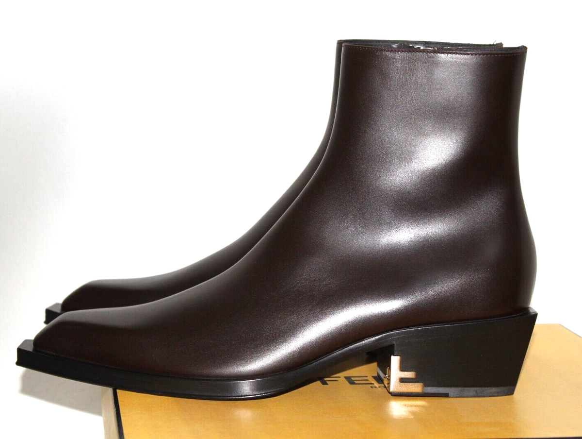 sz US UK FENDI STIVALETTO Cuban Heel Brown Leather ANKLE BOOTS Men  Shoes