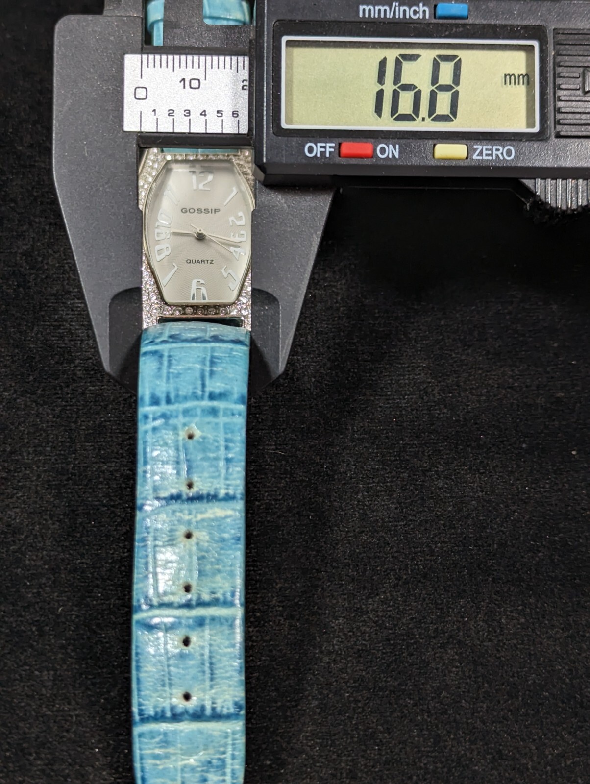 Gossip Silver Tone Crystal Accent Rectangle Case Blue Leather Band Watch 7.5 In