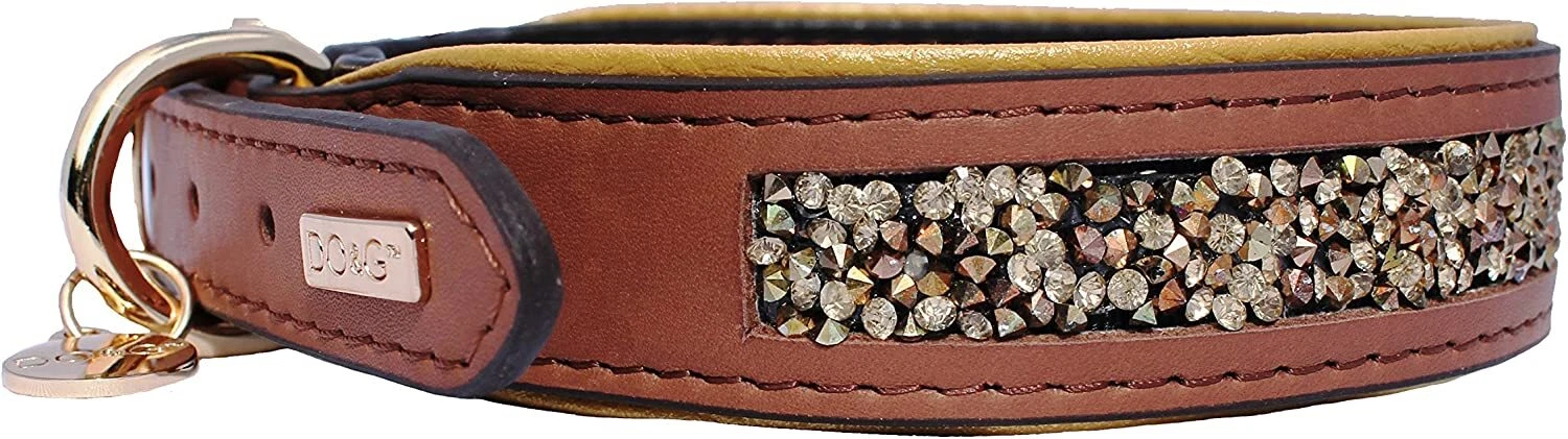Precious Stones Pet Leather Dog Collar Adjustable Sparkle Brown Medium