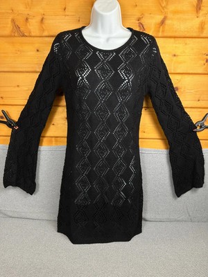 In The Style Damen Strick Häkel Mini Kleid UK 6 8 schwarz Glockenärmel neu mit Etikett