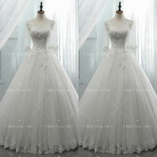 Ivory White Wedding Dresses V Neck Lace Applique 3/4 Sleeve Vintage Bridal Gown