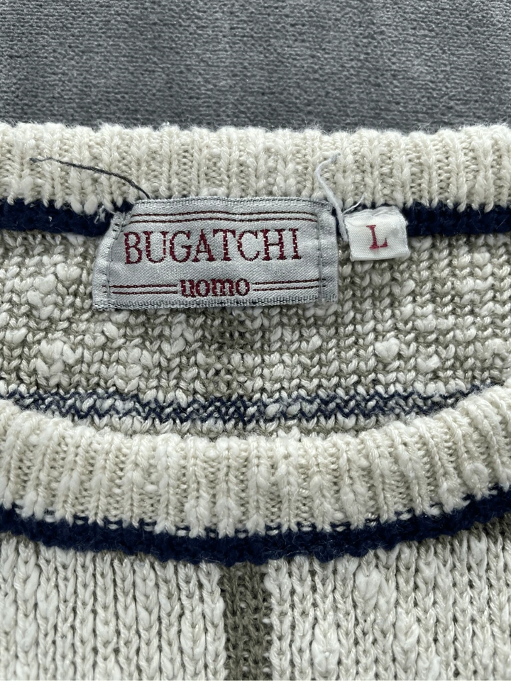 Suéter Tejido Geométrico Bugatchi Para Hombre L Beige Grandpacore Retro Años 90 Estilo Coogi Foto 3 de 4