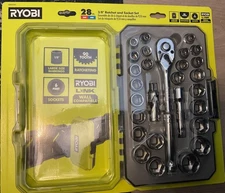 NEW Ryobi 28 Piece 3/8” Drive 6 Point ,SAE & Metric Socket Set RHMTS22801