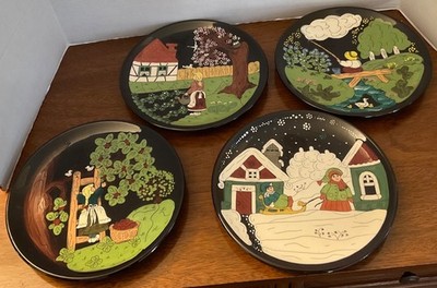 4 Signed Burkart Handarbeit Vintage Wall Plaques Four Seasons 10  1960s Swiss