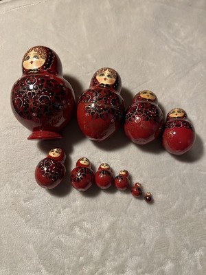 Hand Painted Russian Matryoshka Nesting Dolls Set of 10 Signed  Folk Art  Russia