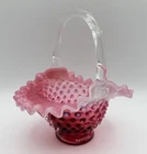 Fenton Pink Cranberry Opalescent Art Glass Hobnail Basket Clear Handle 7.5”