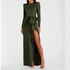 Mac Duggal Olive Green Satin Bow Long Sleeve Column Gown Dress Size 14 $398