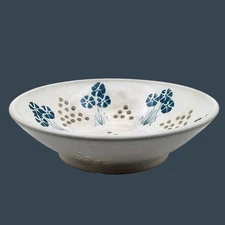 Vintage Ceramic Blue Floral Colander Strainer Signed Kolka Mid-Century Modern