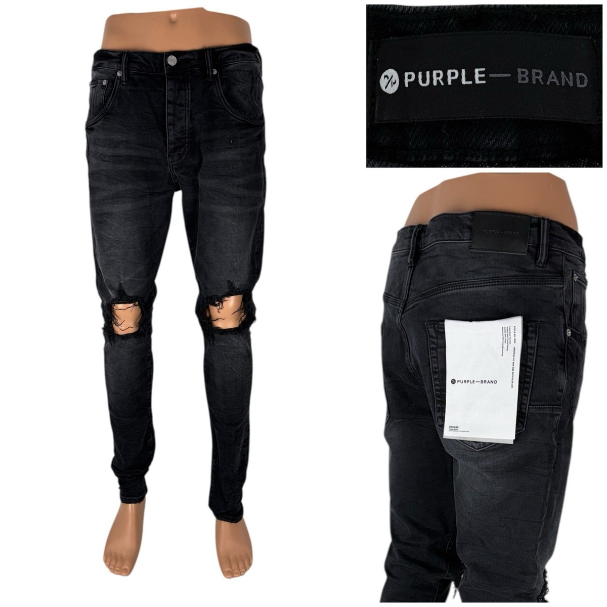PURPLE BRAND Mens 33 P002 Jeans Black Wash Blowout Cotton Blend