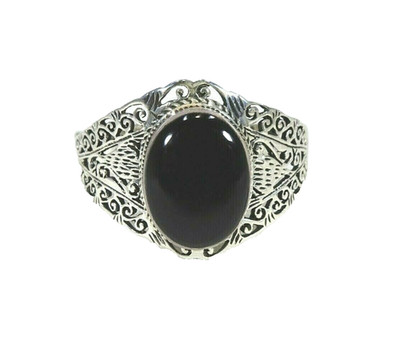 Natural Oval Cut Black Onyx Solid Sterling Silver Cuff Bangle- 18 cm