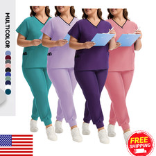 Plus Size Women'S Breathable V-Neck Matte Set Contrast Trim Short Sleeve Uniform