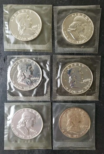 Lot of Six 50c Franklin Silver Half Dollars in Mint Plastics