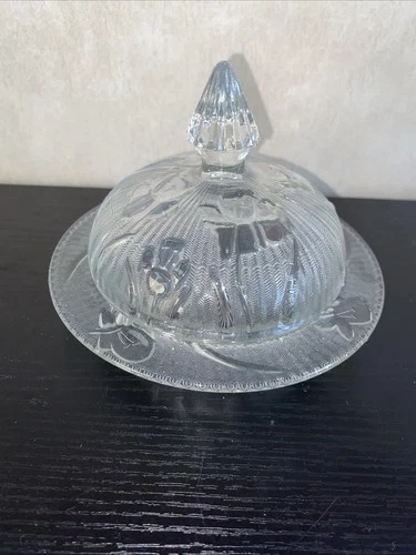 Vintage Jeannette Glass Iris & Herringbone Covered Butter Dish 5-7/8"