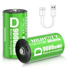 2 Pack D Cell Rechargeable Lithium Batteries 9000mWh, 1.5V Constant Output, 2...