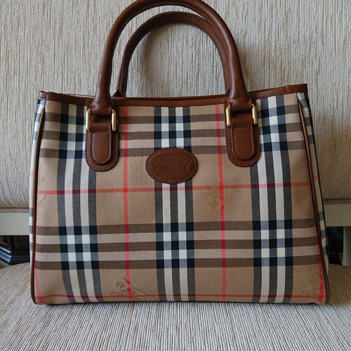 BURBERRY Handbag Canvas Cotton Leather Brown Nova Check Horse Mark from Japan