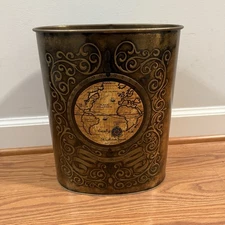 MCM  J.L. Clark Metal Wastebasket/Gold Trash Can Bin Embossed Earth Globe Office