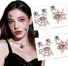  Free Duty Tax 2Sheets Red Spider Web Face Jewel Sticker, Halloween Gem Fac