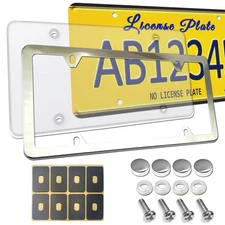 License Plate Cover Frame Combo- Stainless Steel License Plate Frame and Flat...