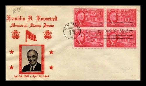 US COVER ROOSEVELT WARM SPRINGS FDC SCOTT 931 BLOCK OF 4 CROSBY PHOTO CACHET