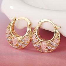 Women Gold Plated Hollow Flower Elegant Huggie Hoop Earring Drop Dangle-SML