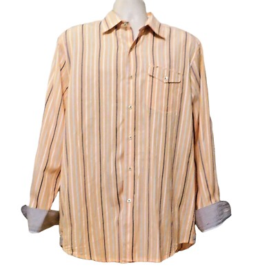 Tommy Bahama Shirt L Orange Blue White Stripes Long Sleeve Flip