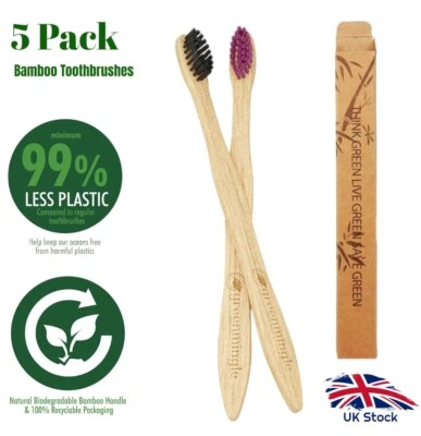 GREENMINGLE Bamboo Toothbrush Biodegradable Natural Wooden 5 Pack Eco Medium Waved Bristles