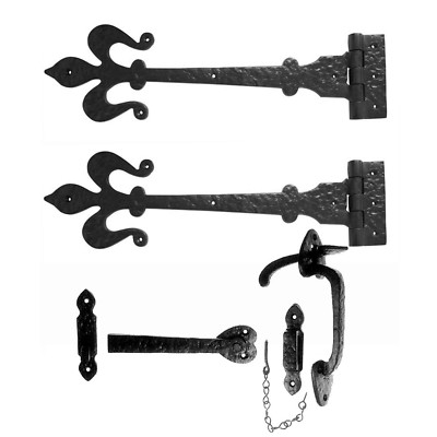 400 mm Speerende, Fleur de Lys Türscharniere schwarz Gusseisen (Paar) c/w Daumenriegel