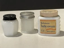 Vtg mixed lot 3 Milk Glass Medicine Cream Jars Musterole Woodbury's Johnson's