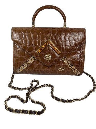 VTG C# SEE SHARP Caramel Brown Faux Croc Leather Convertible Shoulder Clutch Bag