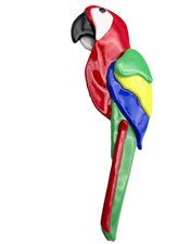 Macaw Parrot Fused Glass Brooch 3.75” Colorful Handmade Art Glass Sculpture Pin
