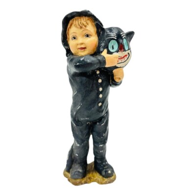 Bethany Lowe Designs Halloween Boy In Cat Costume 7  Holding Cat Mask